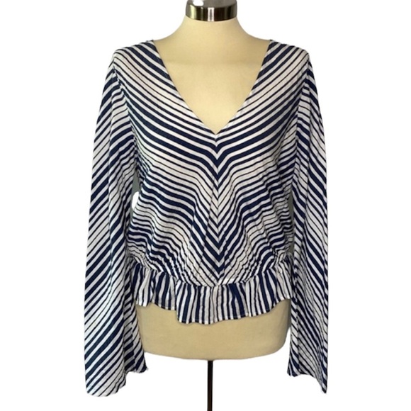 Express Navy Striped Keyhole Back Blouse - Picture 1 of 12